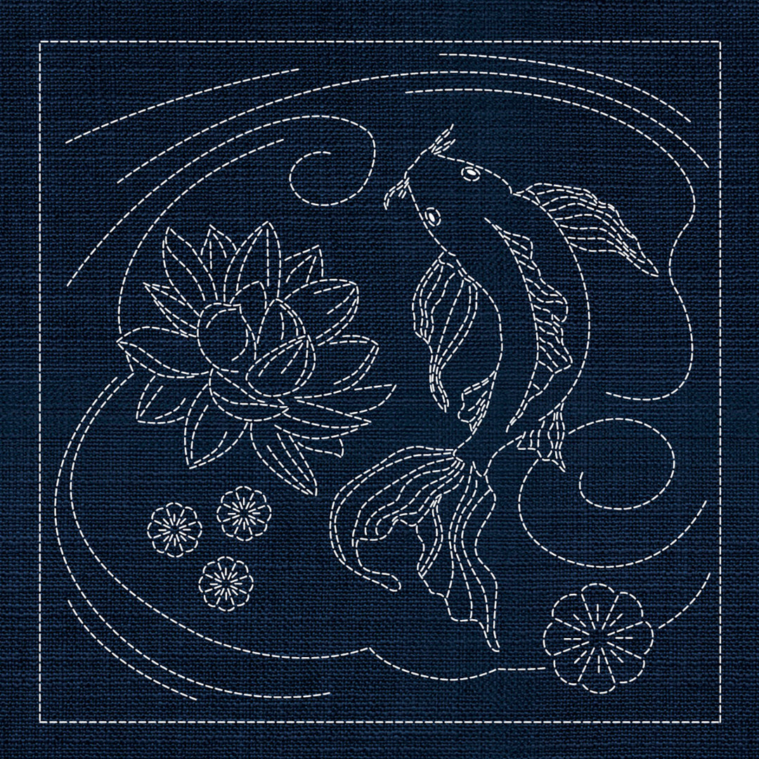 SASHIKO BUTTERFLY KOI & LOTUS FLOWER 33CM X 33CM INDIGO