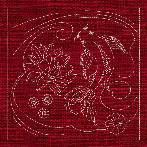 SASHIKO BUTTERFLY KOI & LOTUS FLOWER 33CM X 33CM CHERRY RED