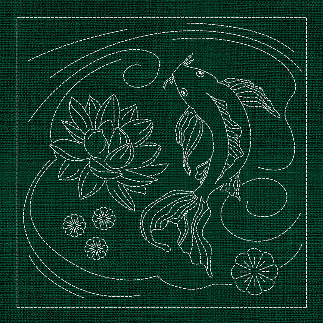 SASHIKO JAPAN BUTTERFLY KOI & LOTUS FLOWER 3 - GREEN 33CM X 33CM