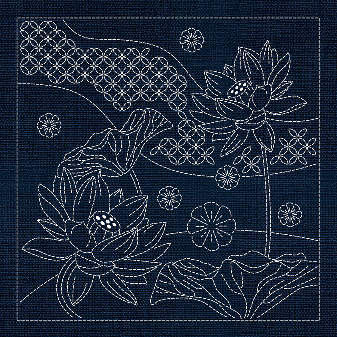 SASHIKO BUTTERFLY JAPANESE FLOWERS & SEVEN TREASURES 33CM X 33CM INDIGO