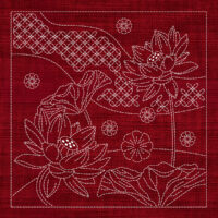 SASHIKO BUTTERFLY JAPANESE FLOWERS & SEVEN TREASURES 33CM X 33CM CHERRY RED