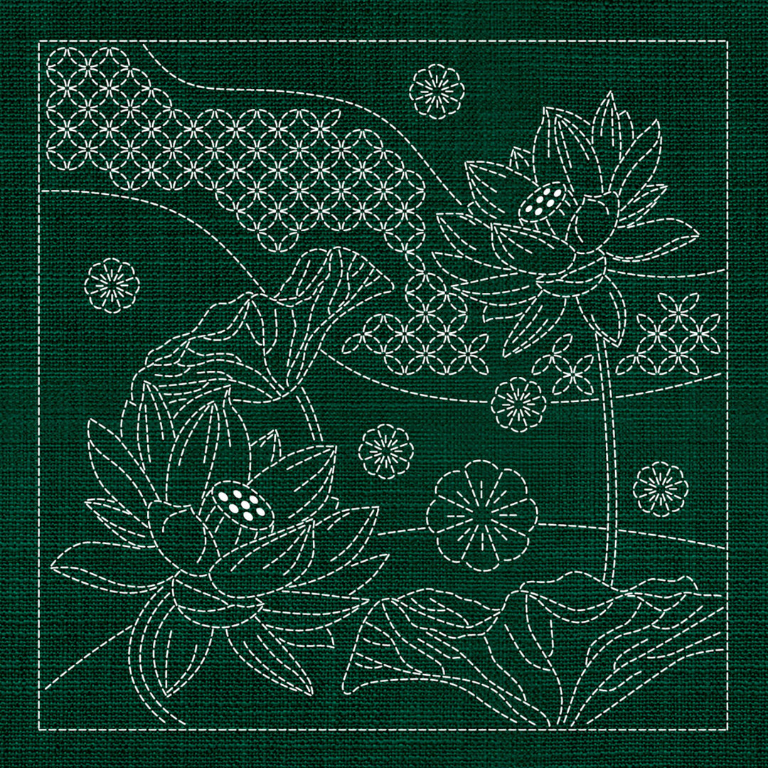 SASHIKO JAPANESE FLOWERS & SEVEN TREASURES 33CM X 33CM GREEN