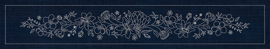 SASHIKO BUTTERFLY KOI & BLOSSOM RUNNER 93.3CM X 14CM INDIGO