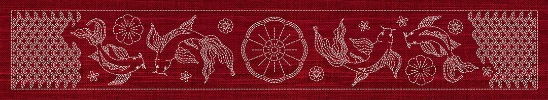 SASHIKO BUTTERFLY KOI & BLOSSOM RUNNER 93.3CM X 14CM CHERRY RED