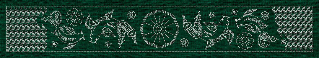 SASHIKO BUTTERFLY KOI & BLOSSOM RUNNER 93.3CM X 14CM GREEN