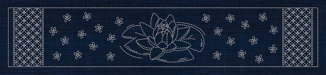 SASHIKO LOTUS FLOWER & SEVEN TREASURES RUNNER 72.5CM X 14CM INDIGO