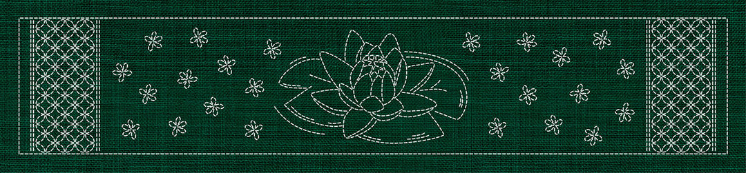 SASHIKO LOTUS FLOWER & SEVEN TREASURES RUNNER 72.5CM X 14CM GREEN