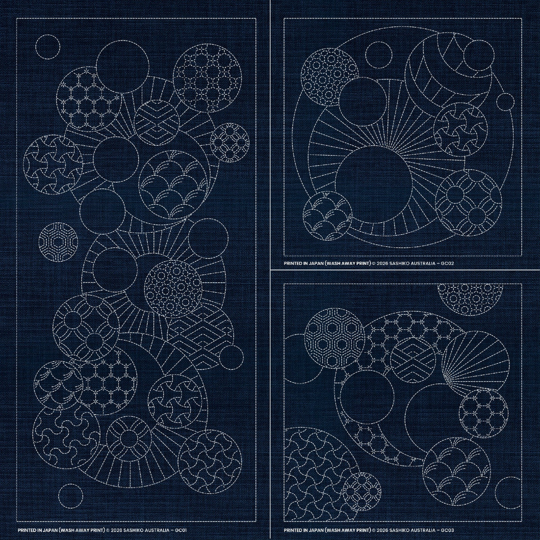 SASHIKO GEOMETRIC CIRCLES COLLECTION - 3 DESIGNS CREAM