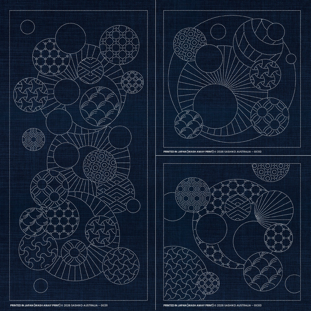 SASHIKO GEOMETRIC CIRCLES COLLECTION - 3 DESIGNS INDIGO