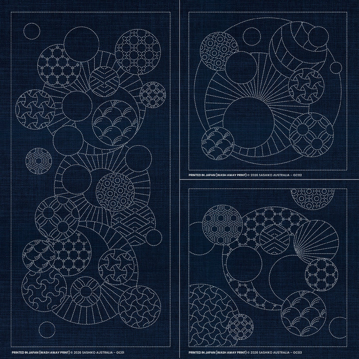 SASHIKO GEOMETRIC CIRCLES COLLECTION - 3 DESIGNS INDIGO