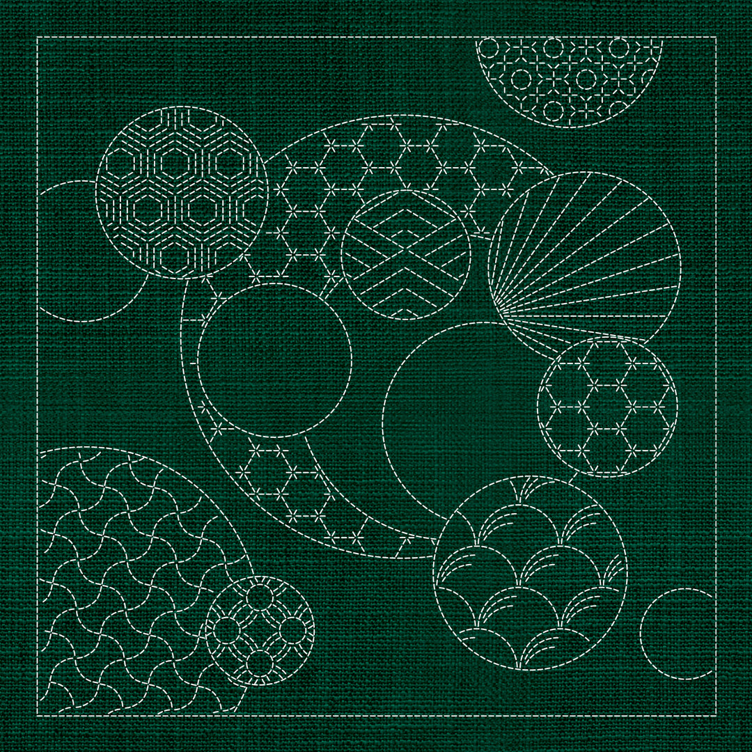 SASHIKO GEOMETRIC CIRCLES 3 - GREEN