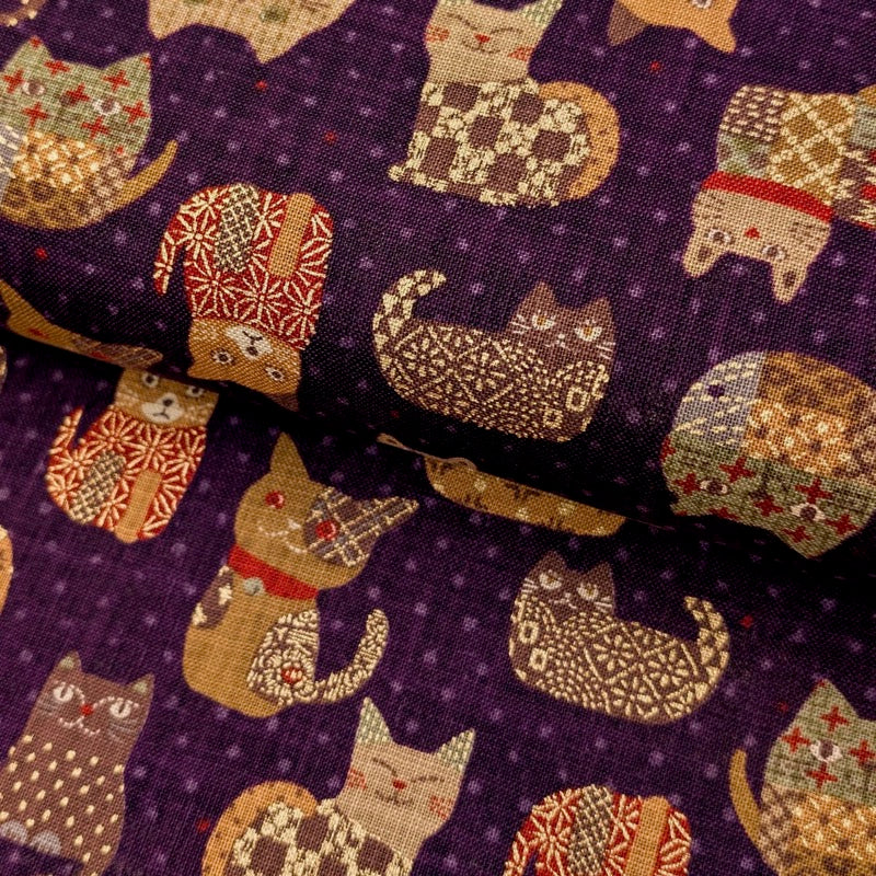SEVENBERRY - PATCHWORK CATS RUSTIC WEAVE COTTON PURPLE