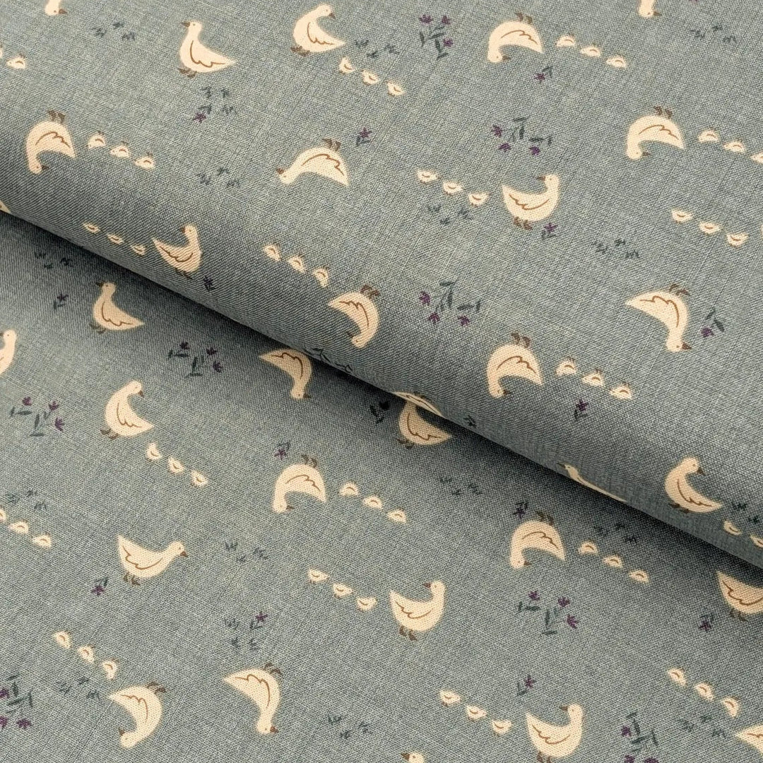 FARMYARD DUCKS FEED SACK PRINT COTTON - BLUE