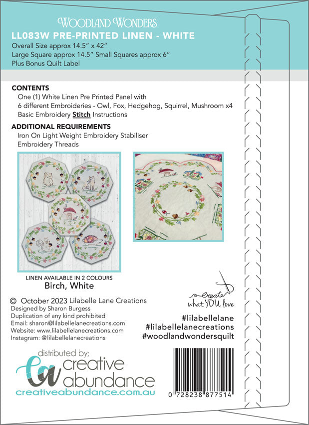 WOODLAND WONDERS STITCHERY PANEL - WHITE