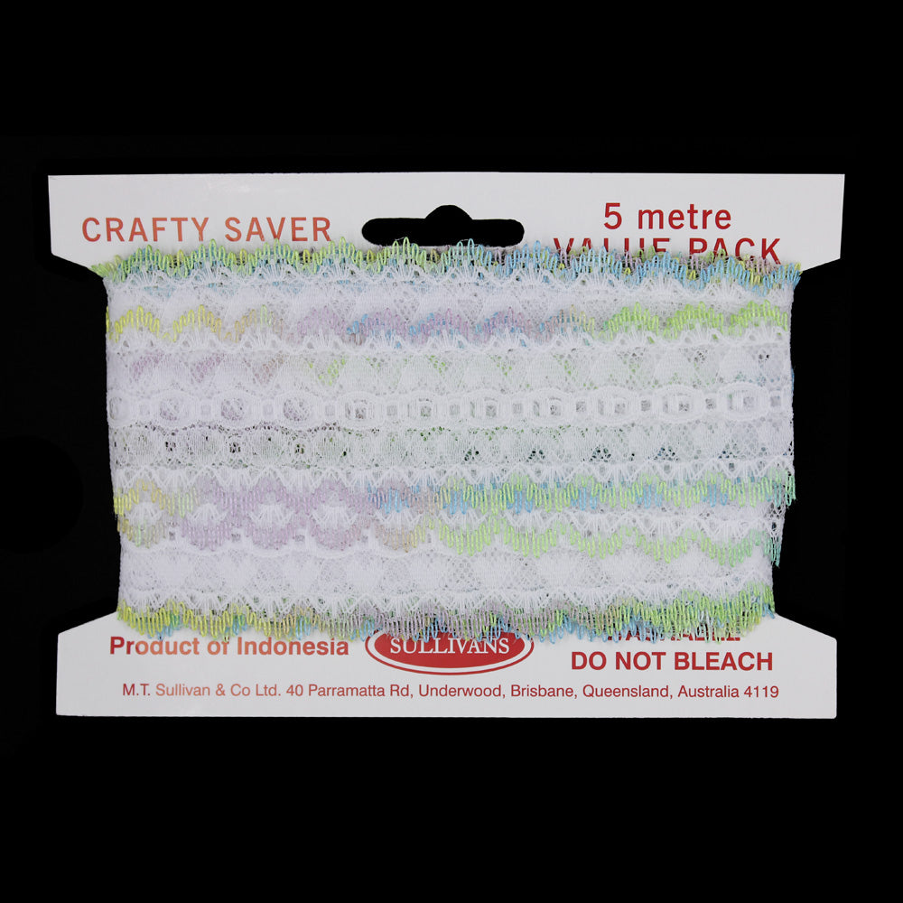 EYELET LACE MULTI (PURPLE/GREEN/BLUE) 25MM 5M PKT