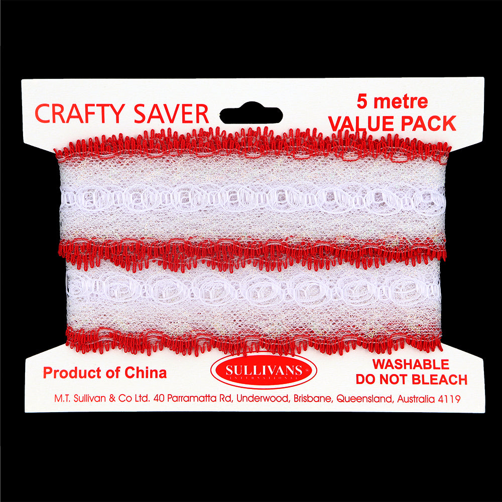 EYELET LACE RED/WHITE 35MM 5M PKT