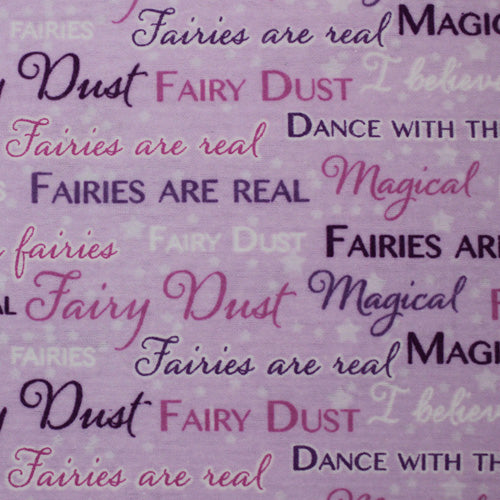 FLANNELETTE 108CM PURPLE FAIRY WORDS