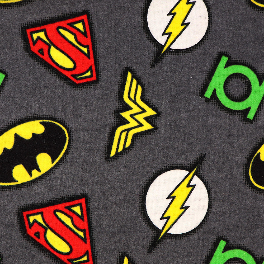 FLANNELETTE - CHARCOAL WITH SUPERHERO SYMBOLS 108CM