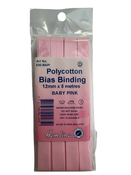 BIAS BINDING BABY PINK 12MM X 5MTR