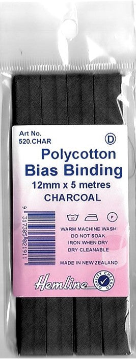 BIAS BINDING CHARCOAL 12MM X 5MTR