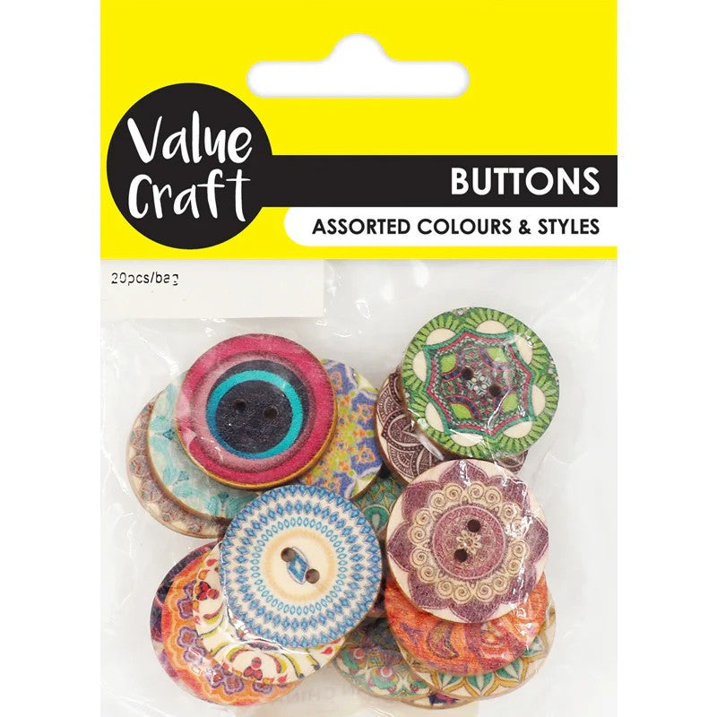 BUTTON WOOD PRINTED 2CM ASSORTED 20PC
