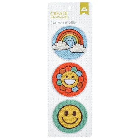 MOTIF IRON ON - RAINBOW,FLOWER,SMILEY FACE 3 PK